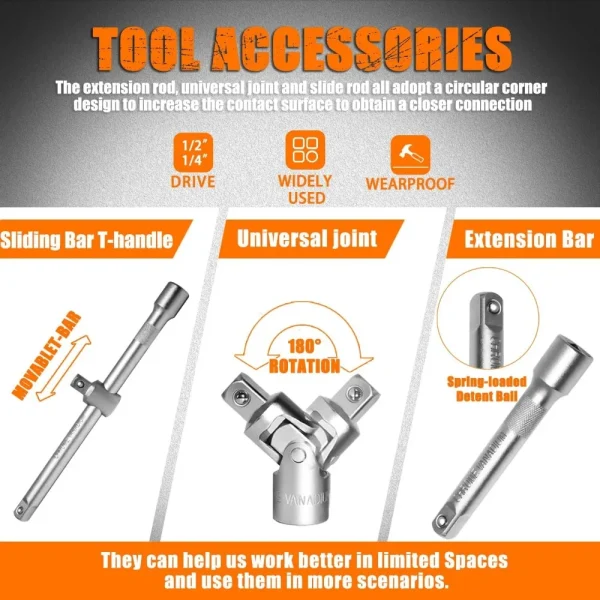 Mechanics Tools Kit,108-Piece 1/4"&1/2 Metric And Standard Socket Set,Ratchet Set,Quick Release Reversible Ratchet Wrench - Image 5